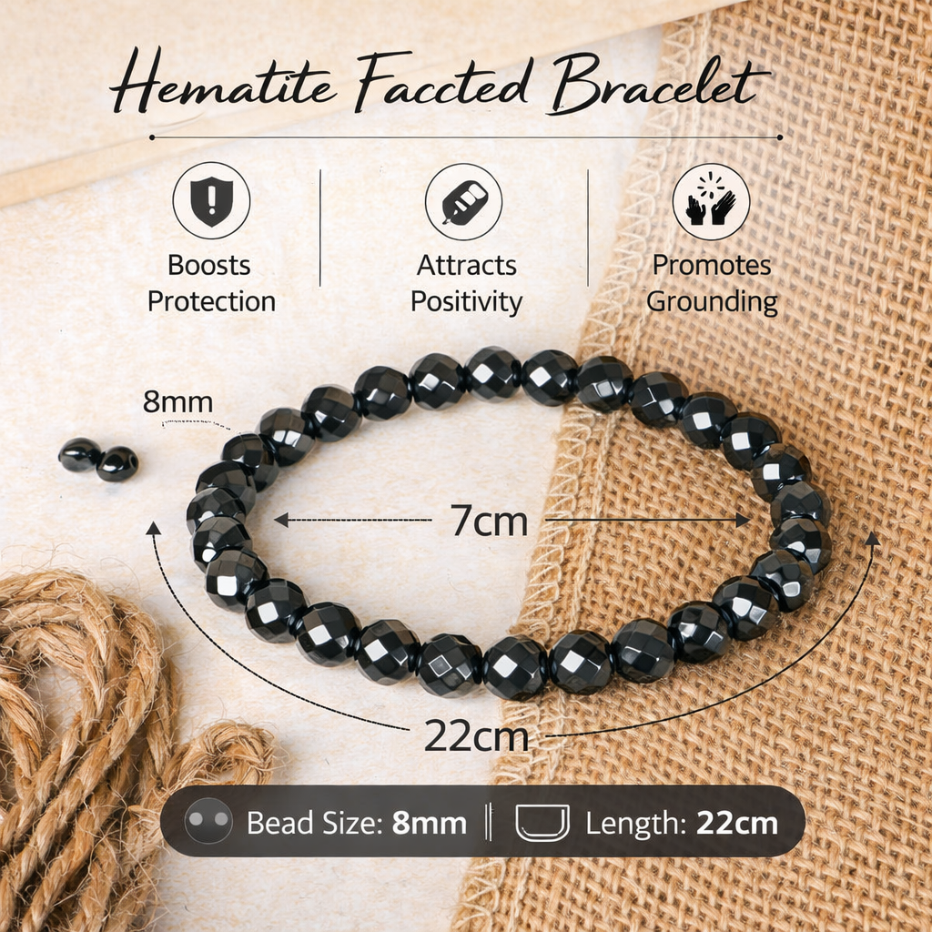 Natural Hematite Faceted Bracelet 8mm Beads Stretchable | Healing Crystal Jewelry