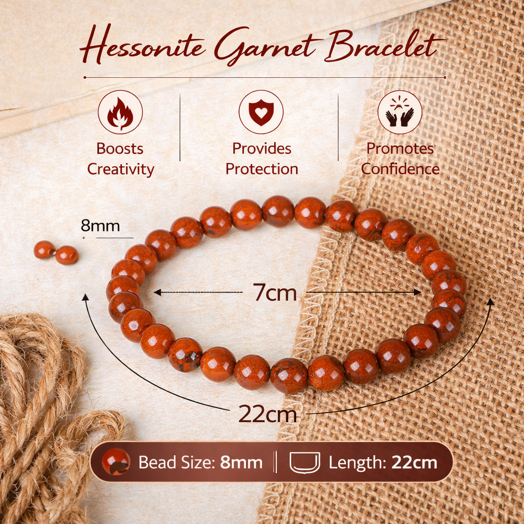 Natural Hessonite Garnet Bracelet 8mm Beads Stretchable | Healing Crystal Jewelry