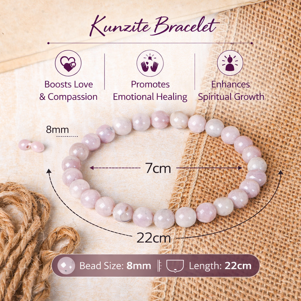 Natural Kunzite Bracelet 8mm Beads Stretchable | Healing Crystal Jewelry