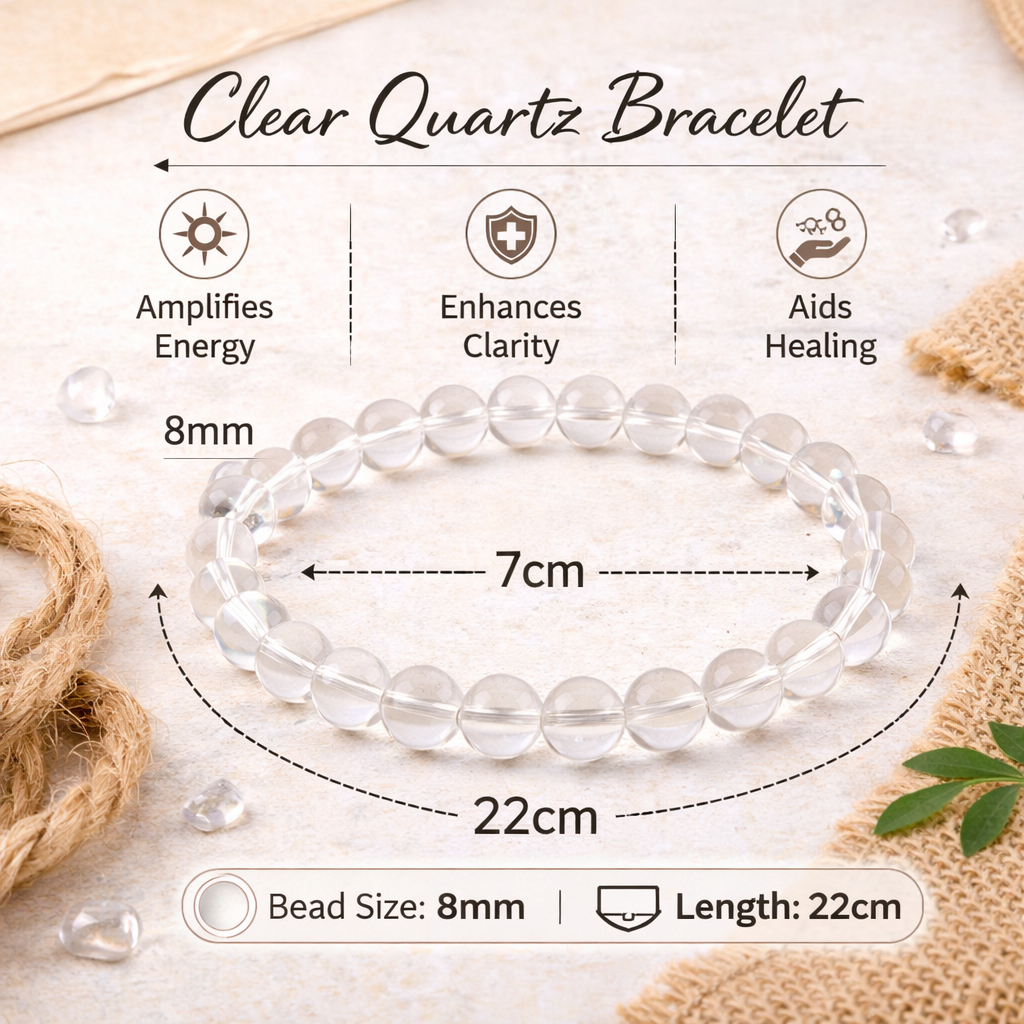 Natural Clear Quartz Bracelet 8mm Beads Stretchable | Healing Crystal Jewelry