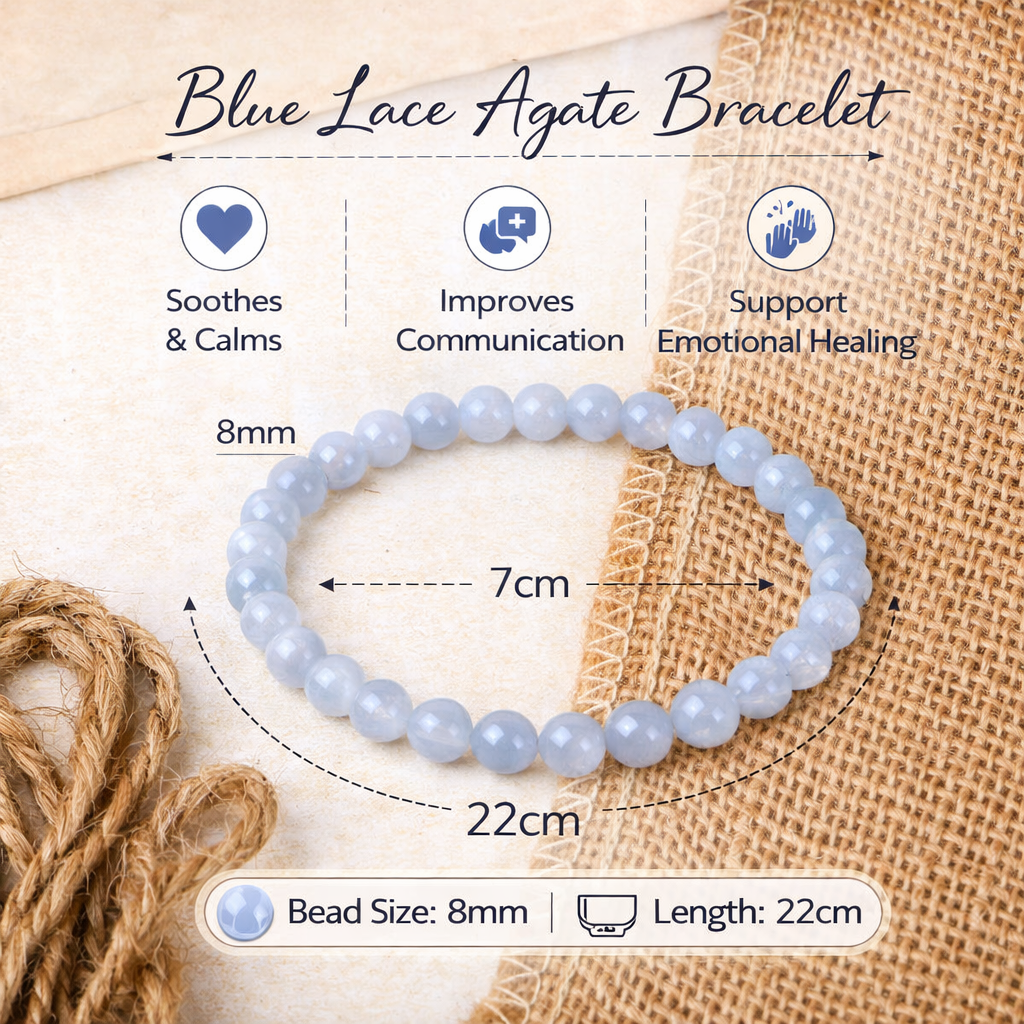 Natural Blue Lace Agate Bracelet 8mm Beads Stretchable | Healing Crystal Jewelry