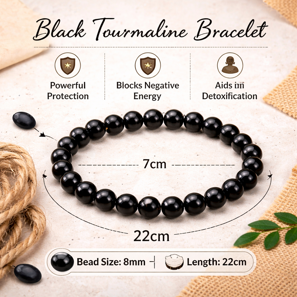 Natural Black Tourmaline Bracelet 8mm Beads Stretchable | Healing Crystal Jewelry