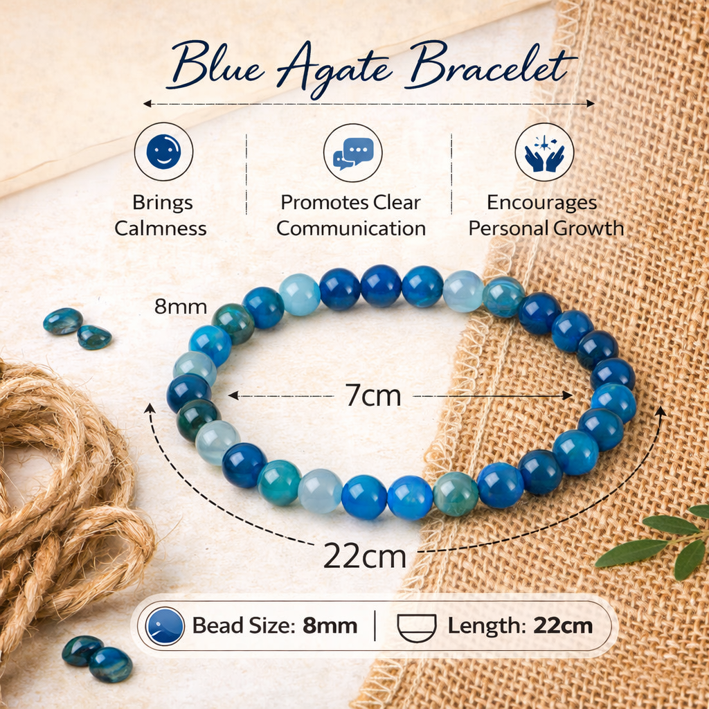 Natural Blue Agate Bracelet 8mm Beads Stretchable | Healing Crystal Jewelry