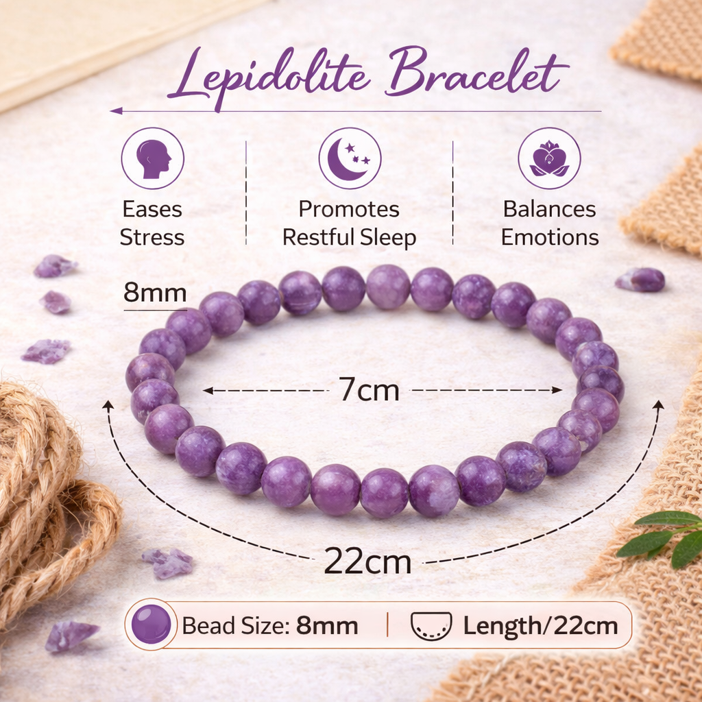 Natural Lepidolite Bracelet 8mm Beads Stretchable | Healing Crystal Jewelry