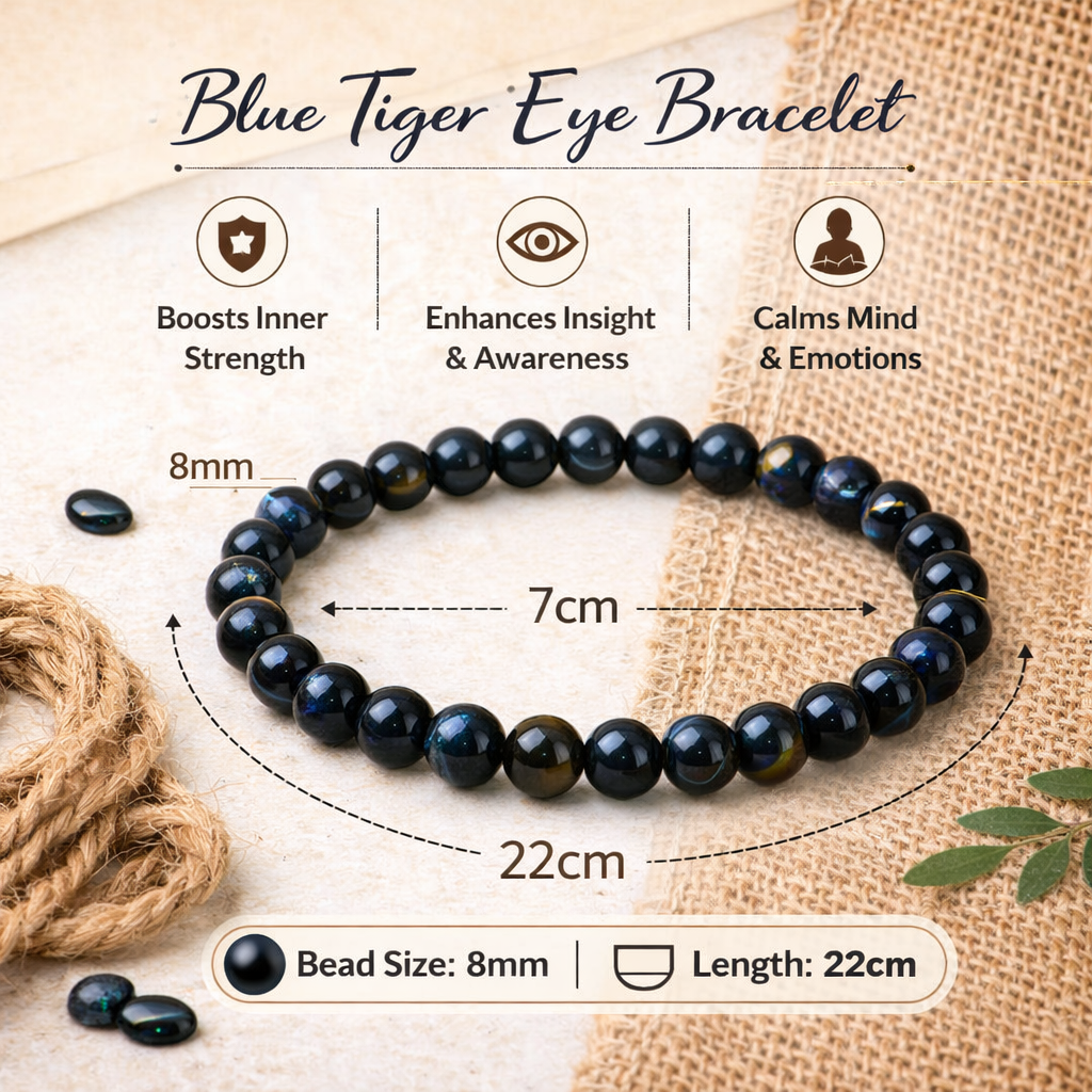 Natural Blue Tiger Eye Bracelet 8mm Beads Stretchable | Healing Crystal Jewelry