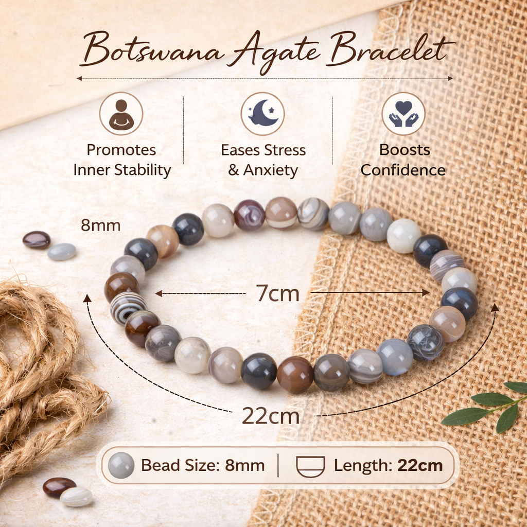 Natural Botswana Agate Bracelet 8mm Beads Stretchable | Healing Crystal Jewelry