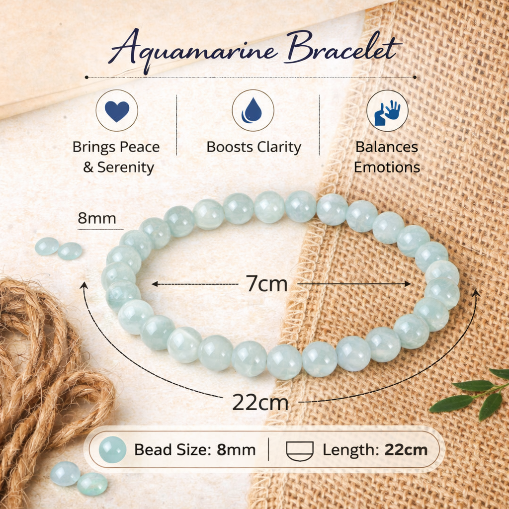 Natural Aquamarine Bracelet 8mm Beads Stretchable | Healing Crystal Jewelry