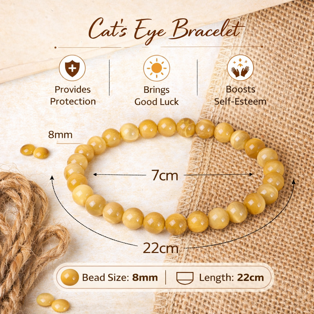 Natural Cats Eye Bracelet 8mm Beads Stretchable | Healing Crystal Jewelry