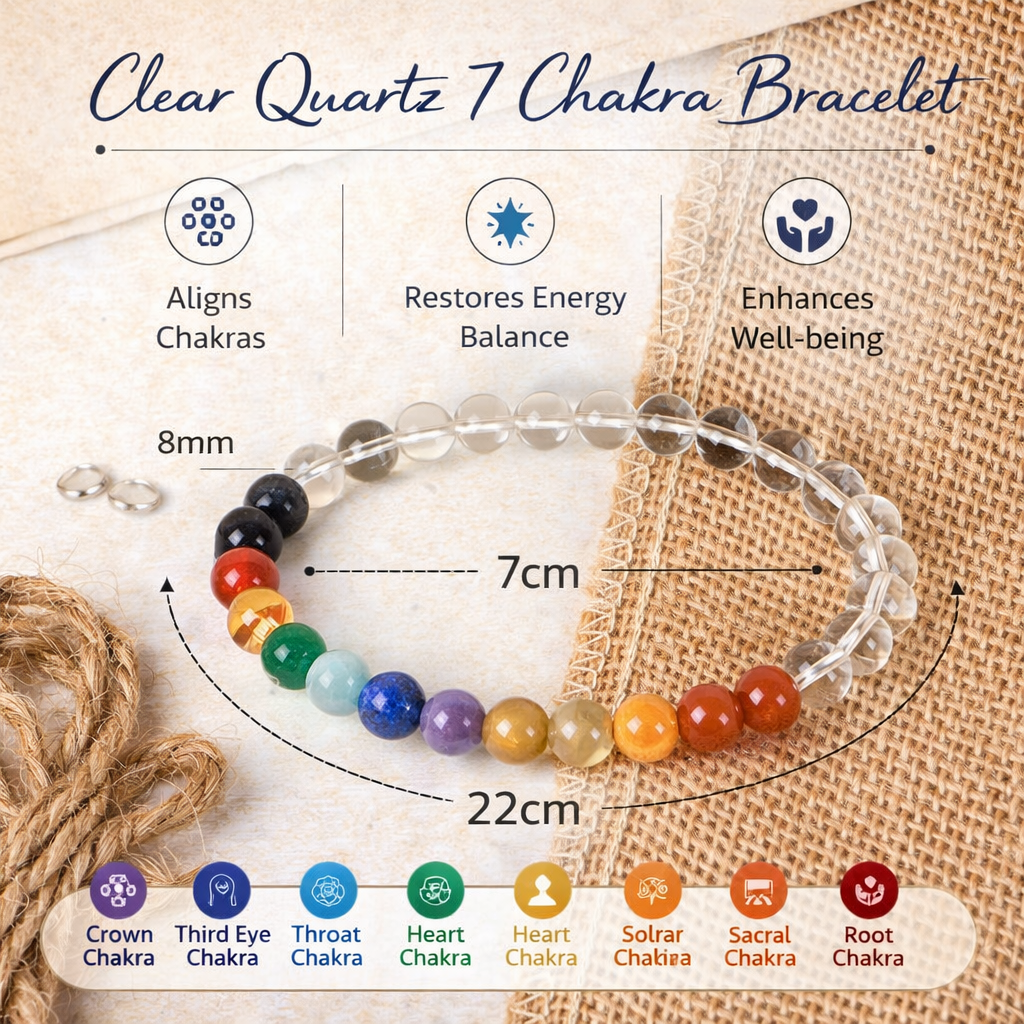 Natural Clear Quartz 7 Chakra Bracelet 8mm Beads Stretchable | Healing Crystal Jewelry