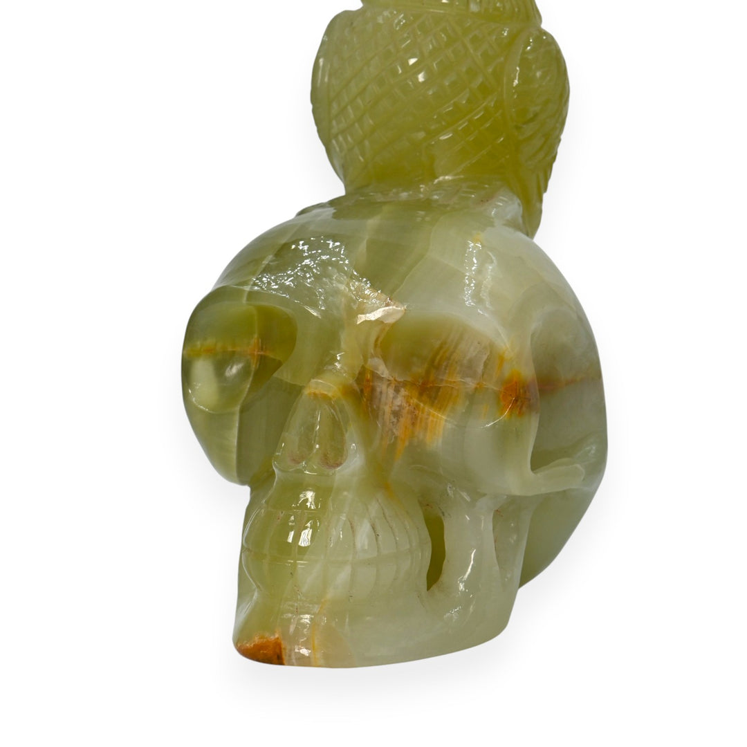 Green Onyx Crow Skull Carving 990g – Artistic Skull Sculpture for Home Décor