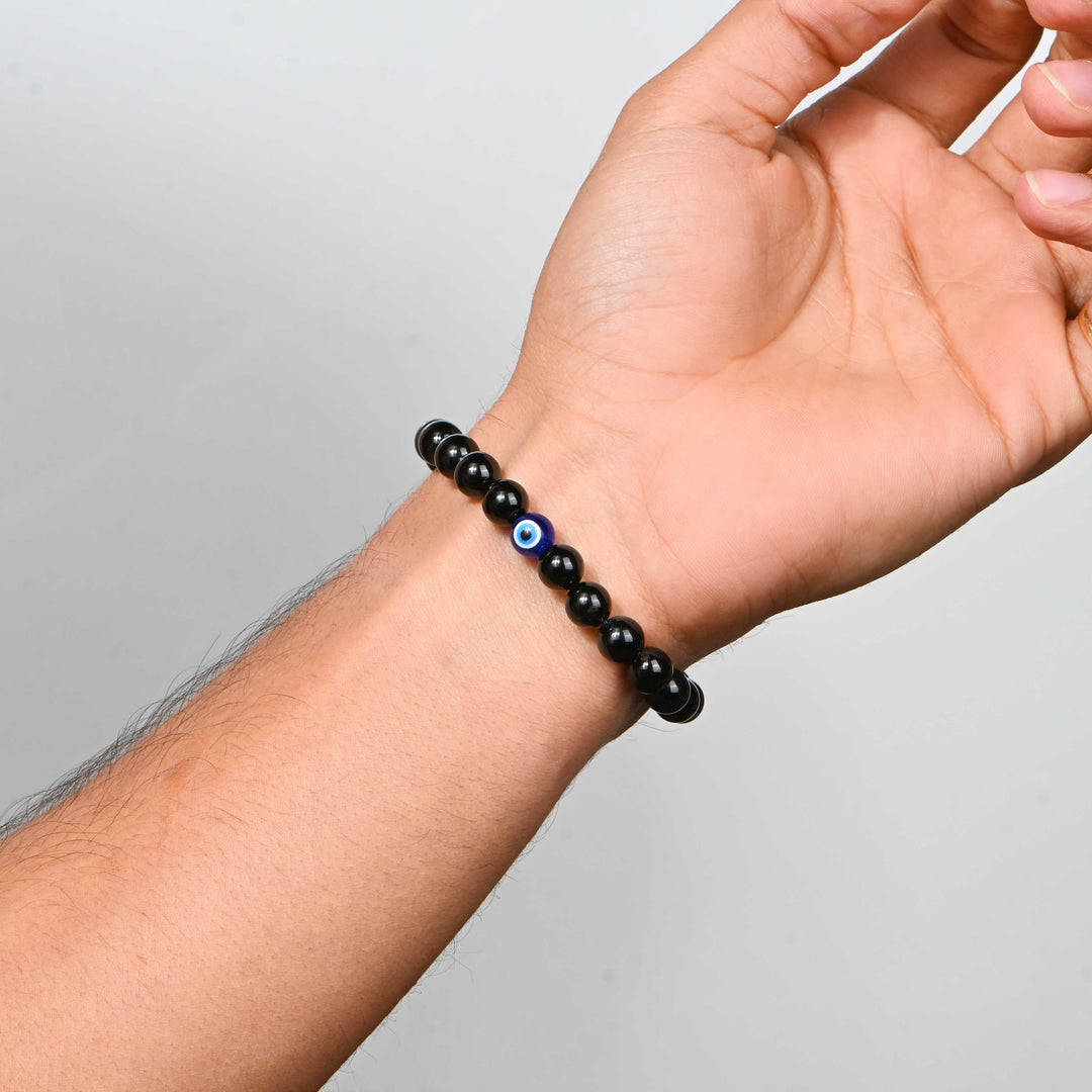 Natural Black Tourmaline With Evil Eye Bracelet 8mm Beads Stretchable | Healing Crystal Jewelry