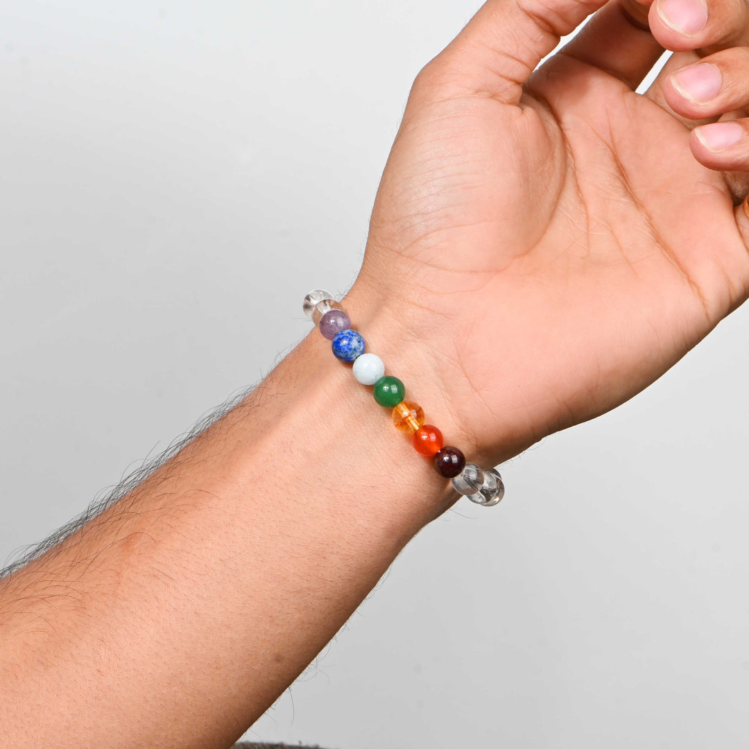 Natural Clear Quartz 7 Chakra Bracelet 8mm Beads Stretchable | Healing Crystal Jewelry