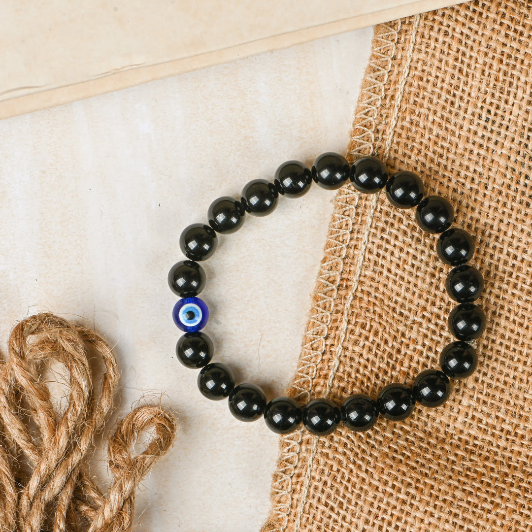 Natural Black Tourmaline With Evil Eye Bracelet 8mm Beads Stretchable | Healing Crystal Jewelry