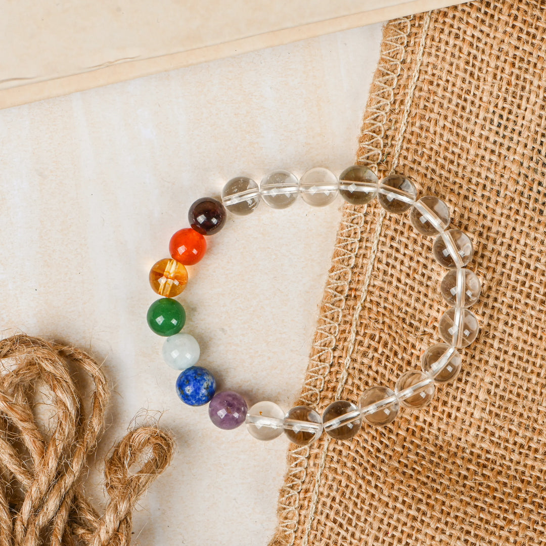 Natural Clear Quartz 7 Chakra Bracelet 8mm Beads Stretchable | Healing Crystal Jewelry