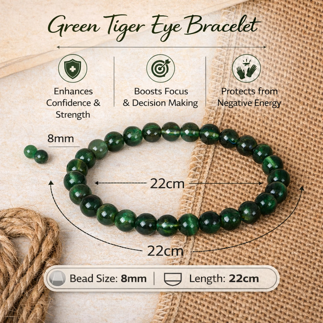 Natural Green Tiger Eye Bracelet 8mm Beads Stretchable | Healing Crystal Jewelry