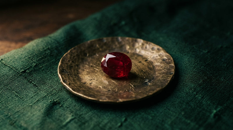 An oval ruby on a hammered brass plate on green silk