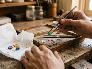 Choosing a green cabochon with tweezers from a parcel of loose gemstones