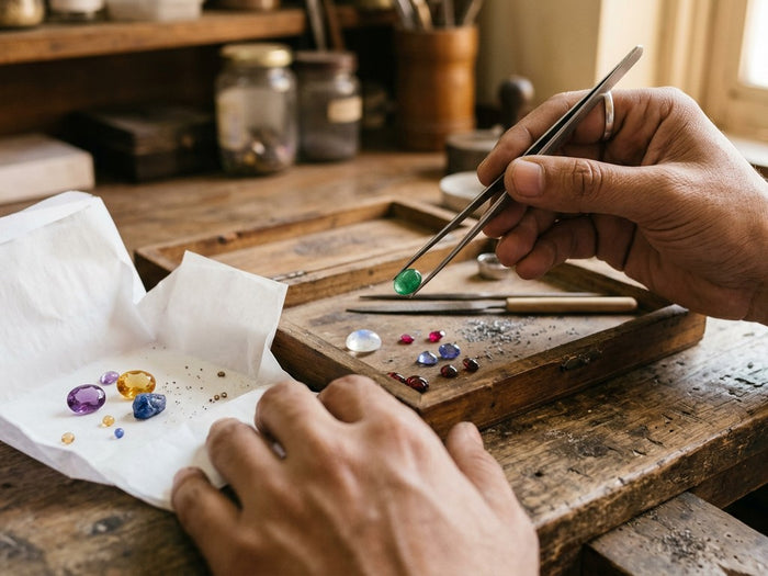 Choosing a green cabochon with tweezers from a parcel of loose gemstones