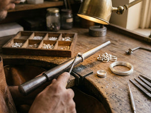 A silver ring being shaped on a mandrel at a jeweller's bench