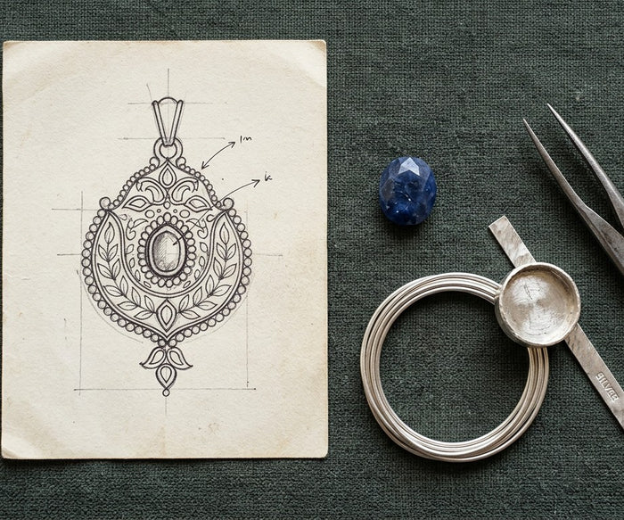 A pendant design sketch beside a blue stone, silver wire and a bezel cup
