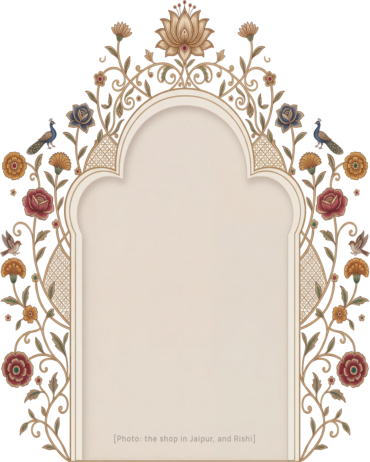 A Mughal arch window framed by Jaipur-style painted flowers, peacocks and birds