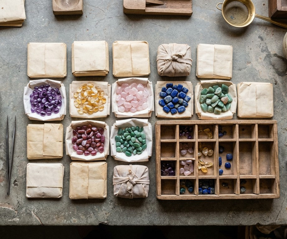 Paper parcels of tumbled stones sorted by colour on a dealer's table